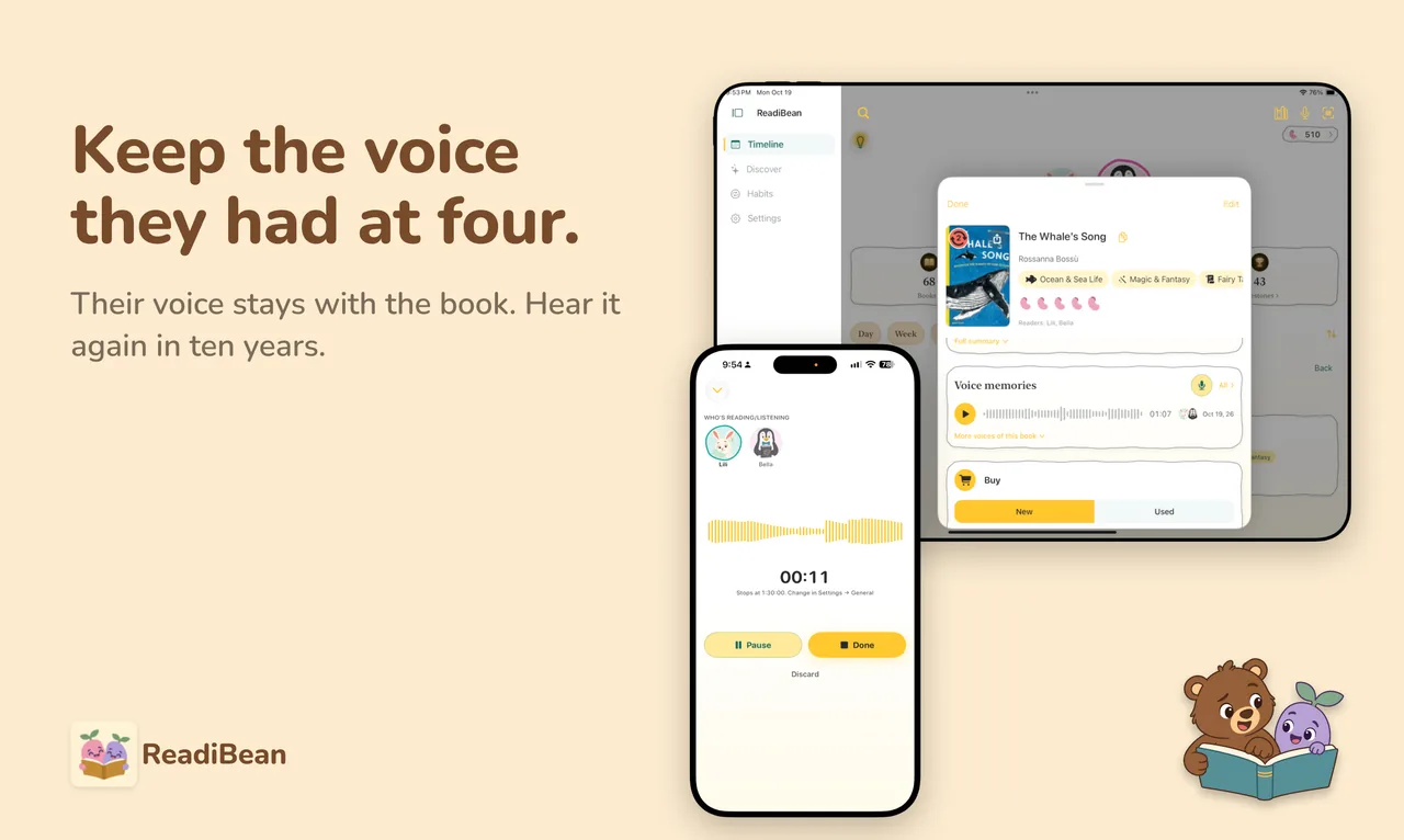 Keep the voice they had at four. Their voice stays with the book. Hear it again in ten years. Shown: a voice memory on a book’s page on iPad and a recording on iPhone.
