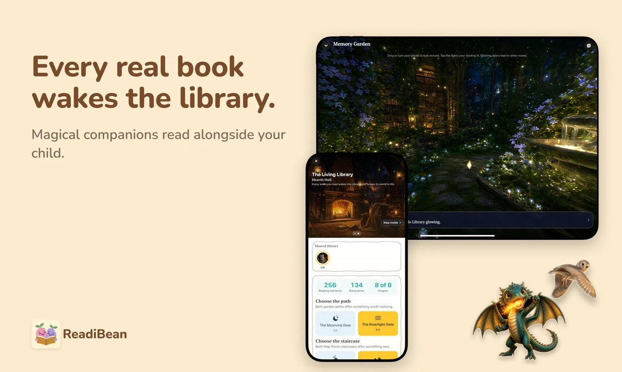 Every real book wakes the library. Magical companions read alongside your child. Shown: the Living Library’s Memory Garden on iPad and Hearth Hall on iPhone.