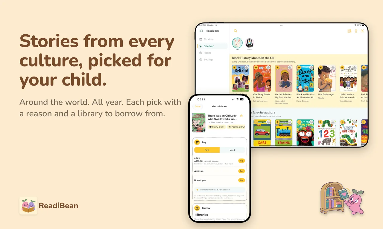 Stories from every culture, picked for your child. Around the world. All year. Each pick with a reason and a library to borrow from. Shown: a Black History Month rail on iPad and Get this book on iPhone.