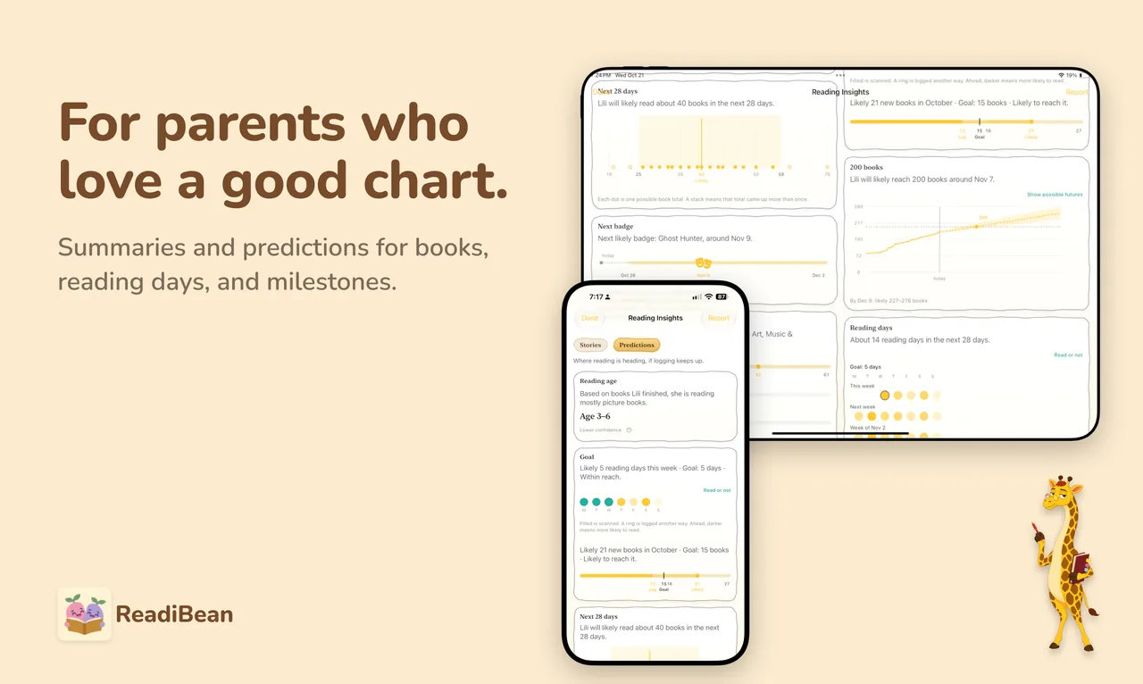 For parents who love a good chart. Summaries and predictions for books, reading days, and milestones. Shown: Reading Insights on iPad and iPhone.